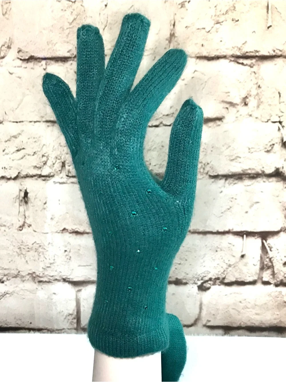 NWT Embellished TEAL Knit Gloves One size 1 Pair NEW WITH TAGS